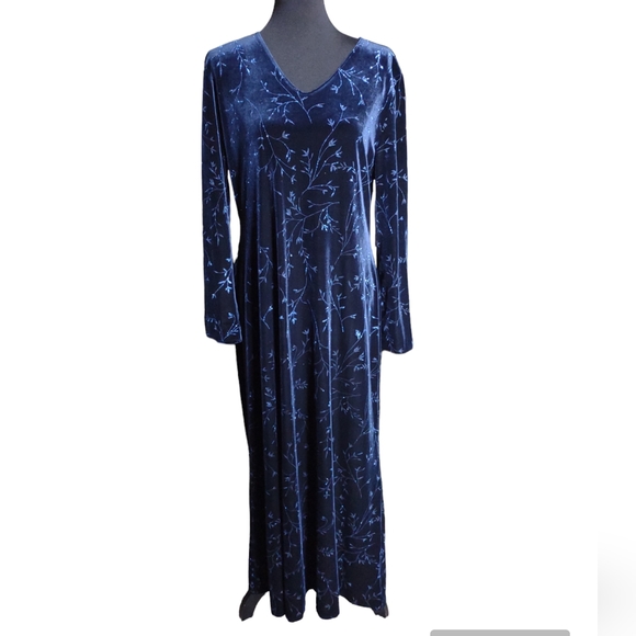 Worthington Blue Glitter Leaf Vine Velvet Long Maxi Dress NWT Practical Magic - Picture 2 of 8